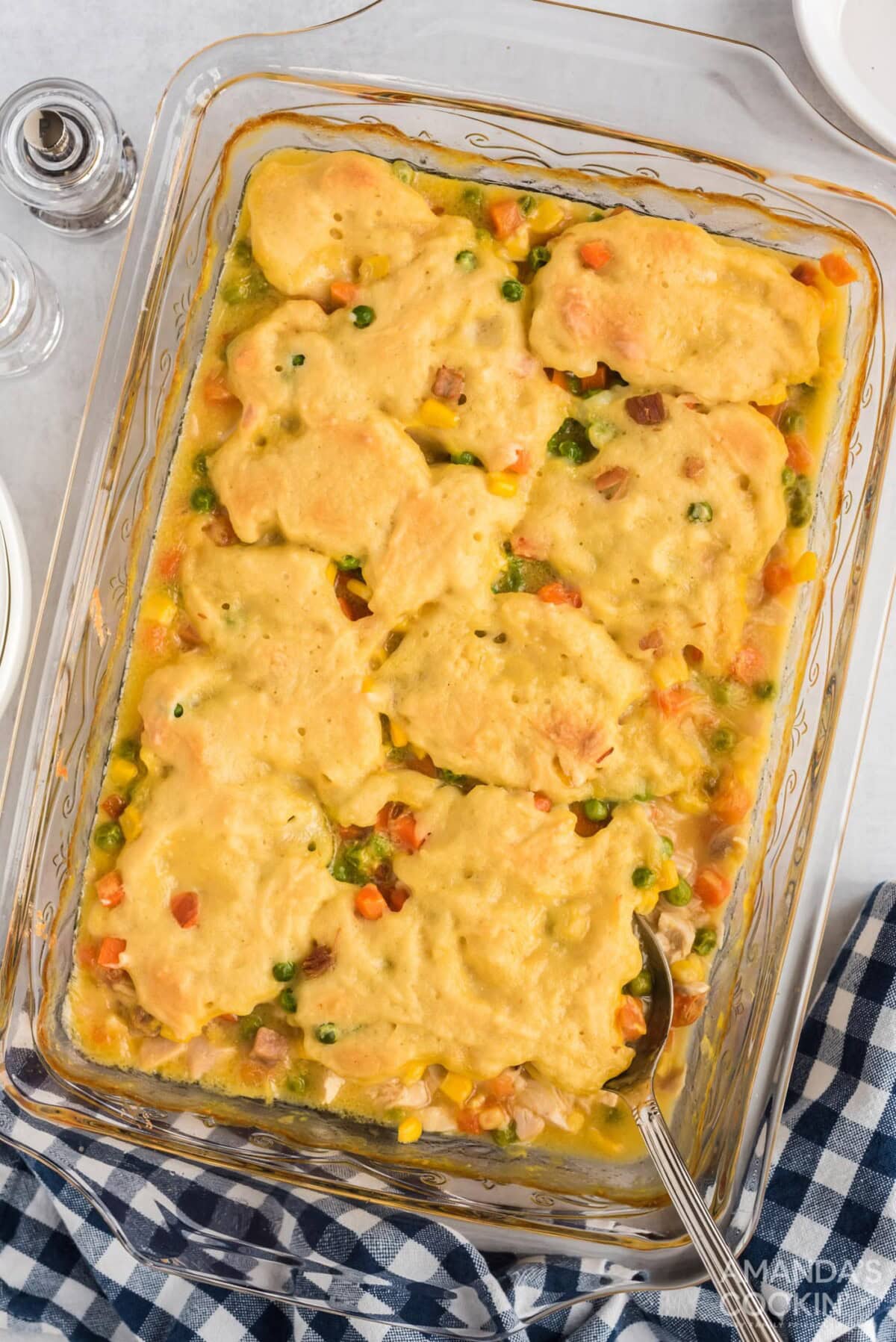 overhead photo of chicken and dumpling casserole