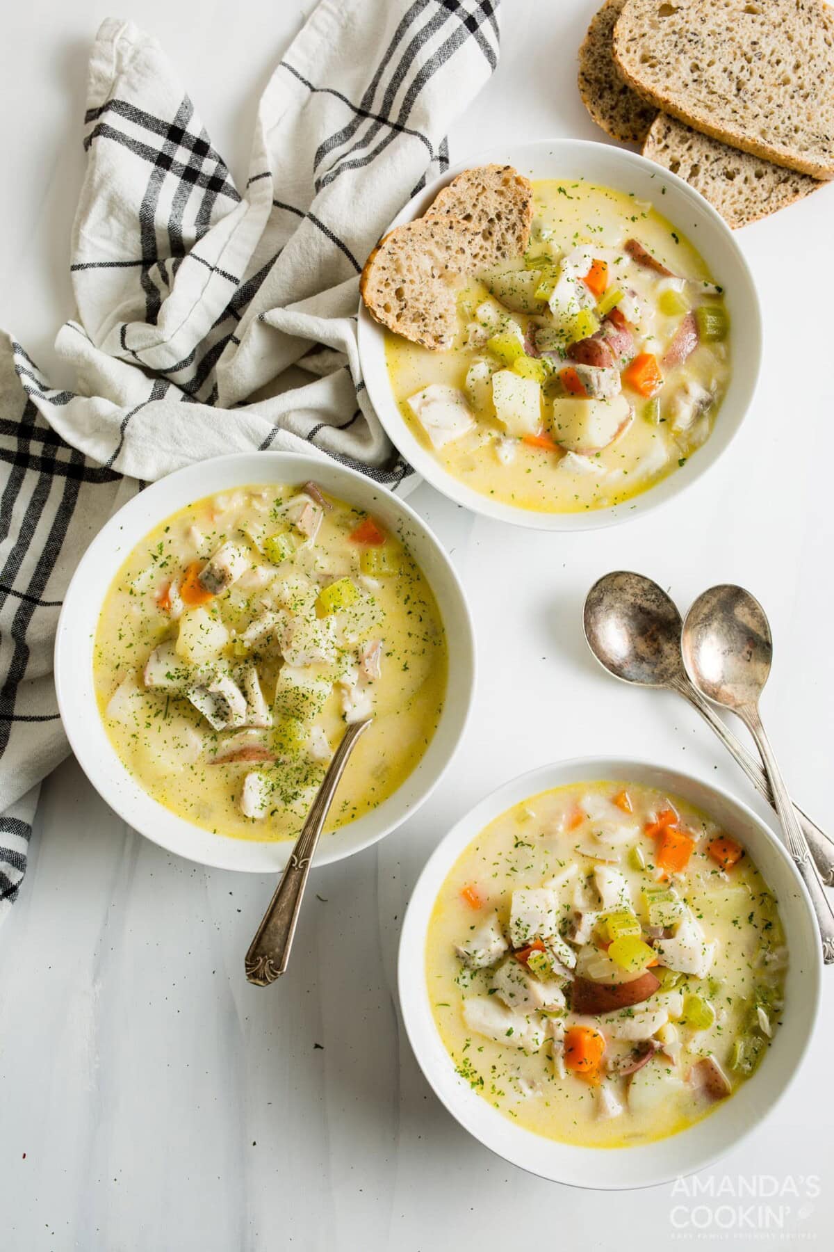 3 bowls of fish chowder