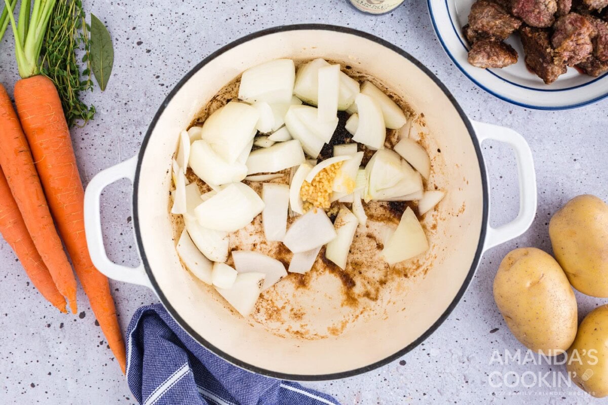 onion and garlic in pot