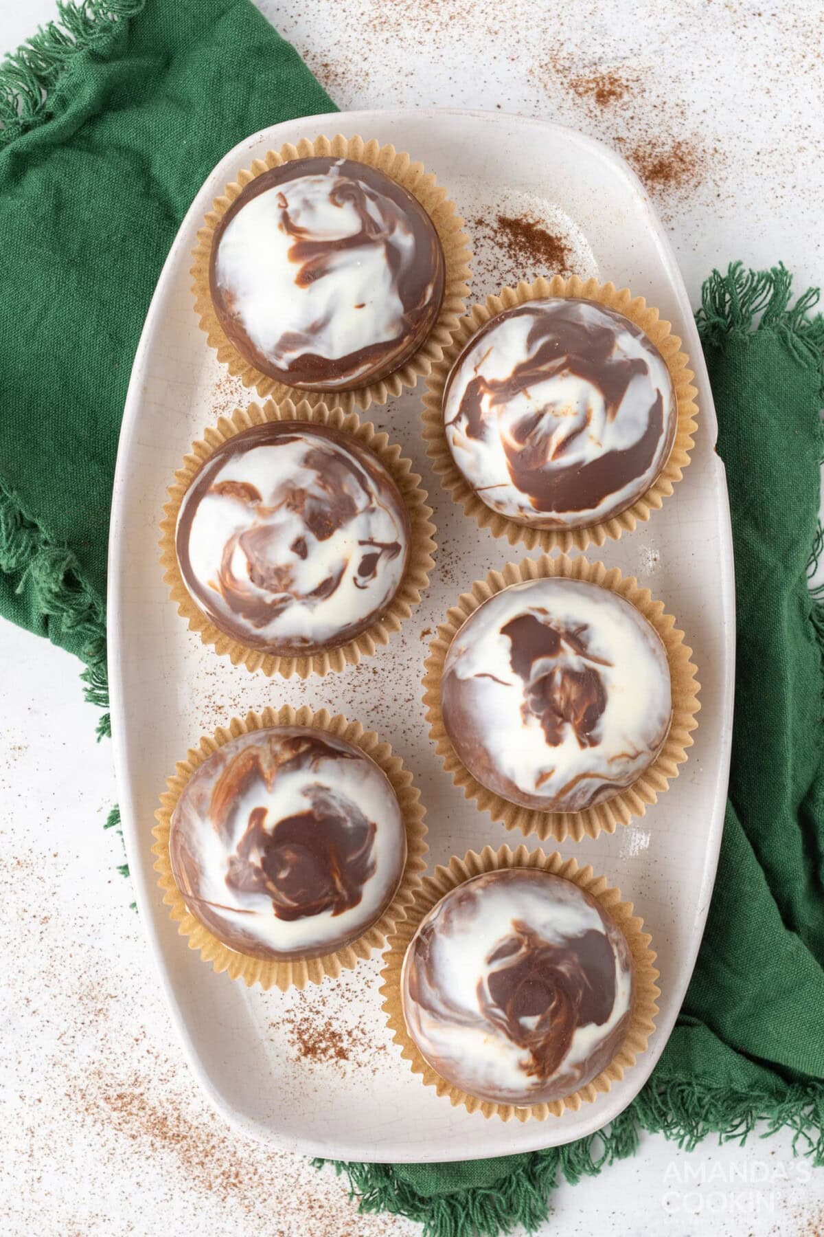tray of marbled mocha hot cocoa bombs