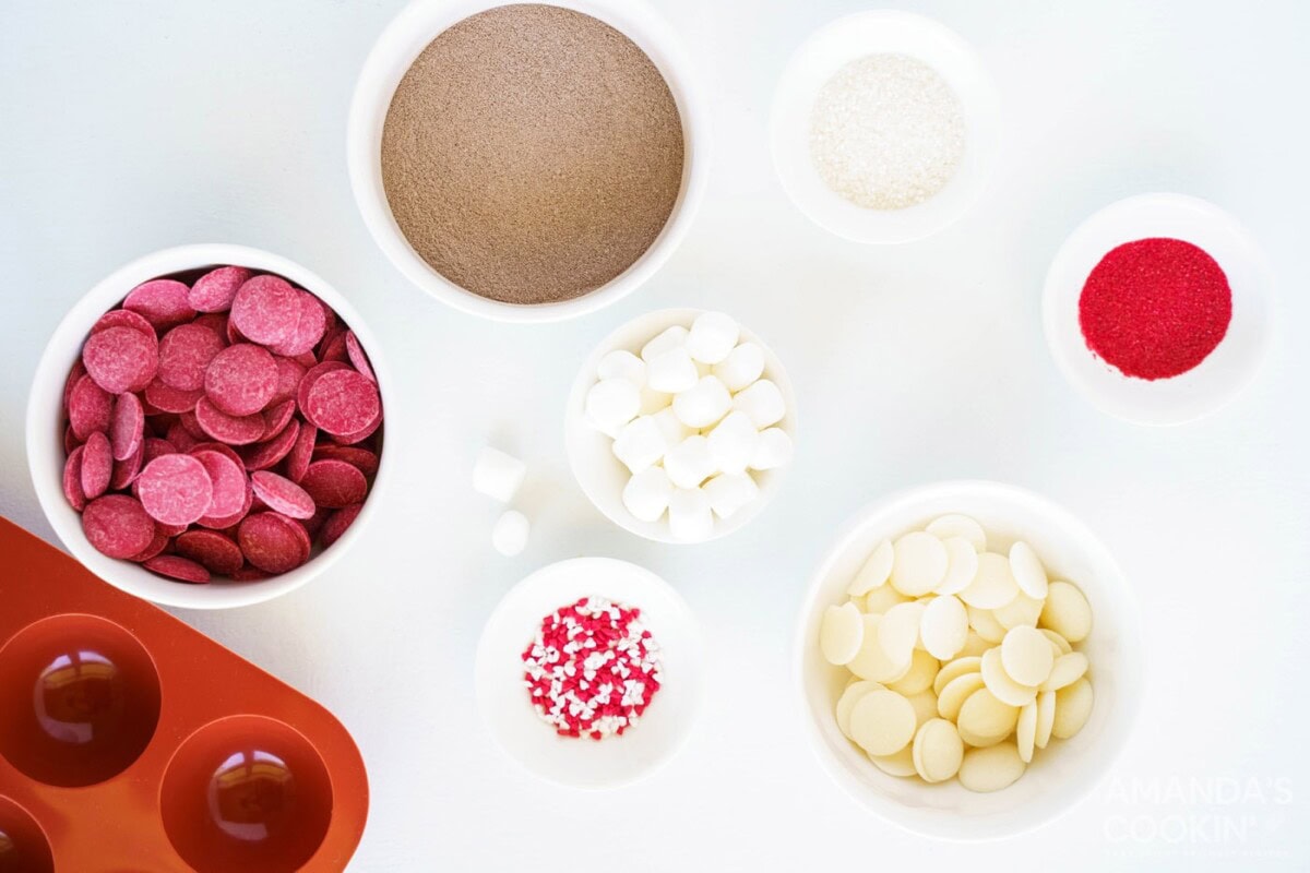 ingredients for making red velvet hot cocoa bombs