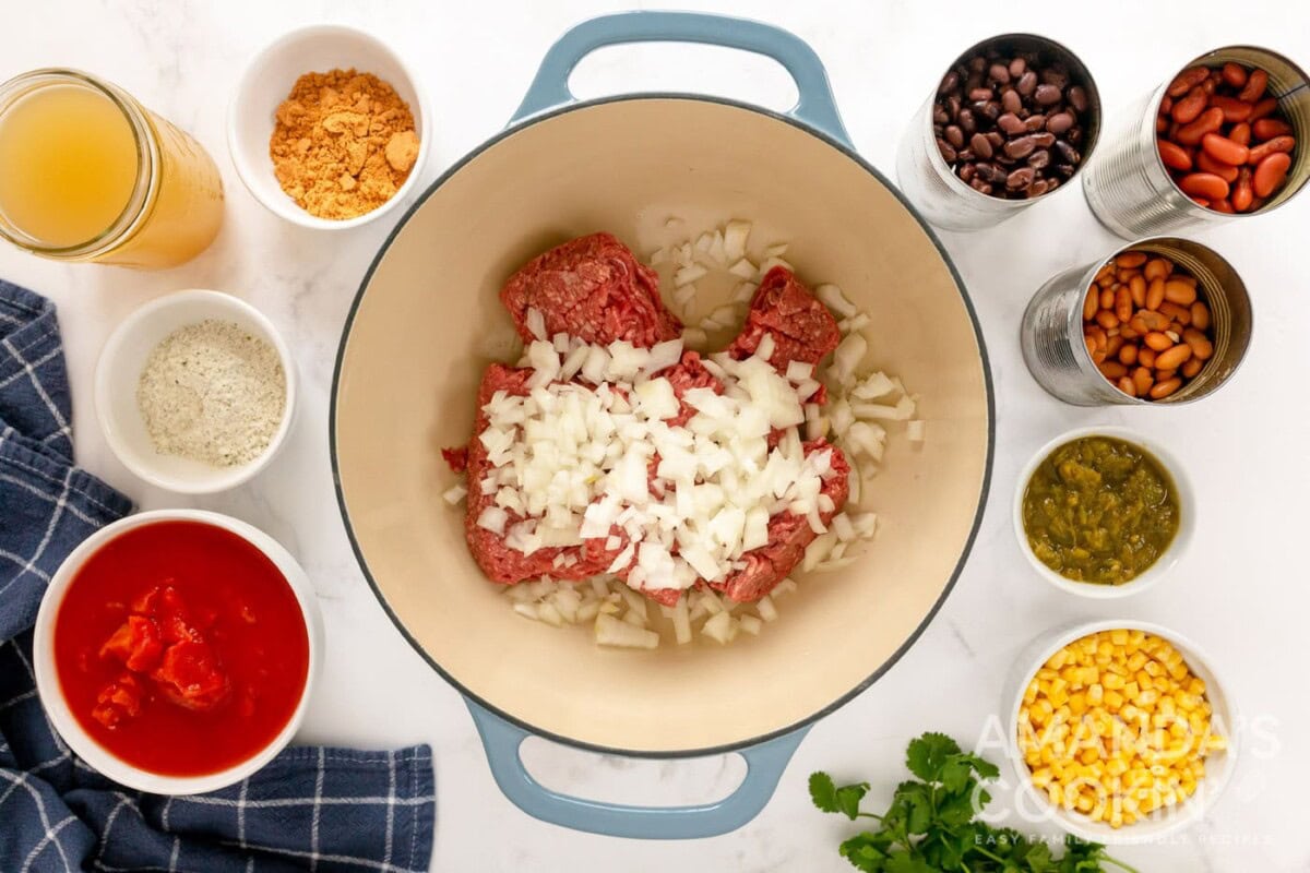 browning the beef and onion in a dutch oven