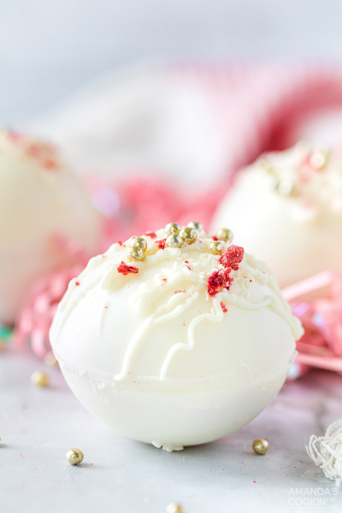 decorated white chocolate hot cocoa bombs