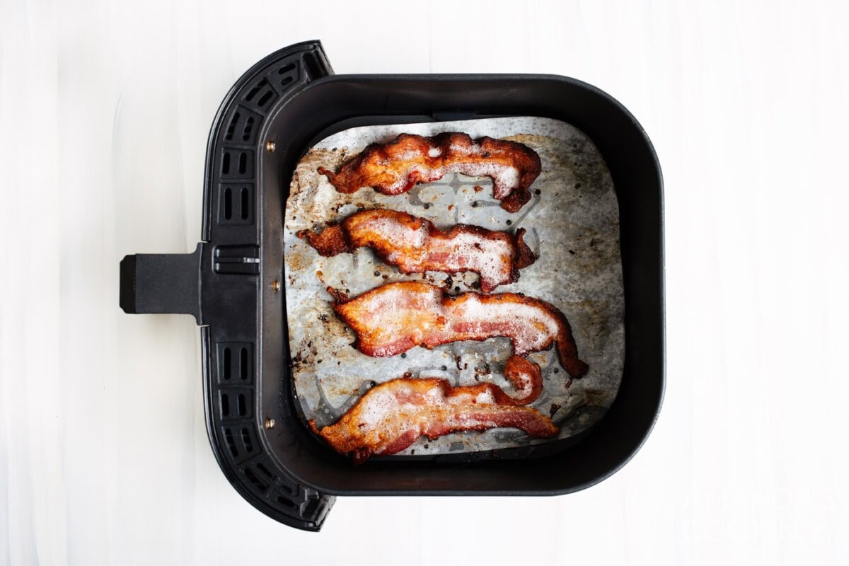 cooked bacon in air fryer basket
