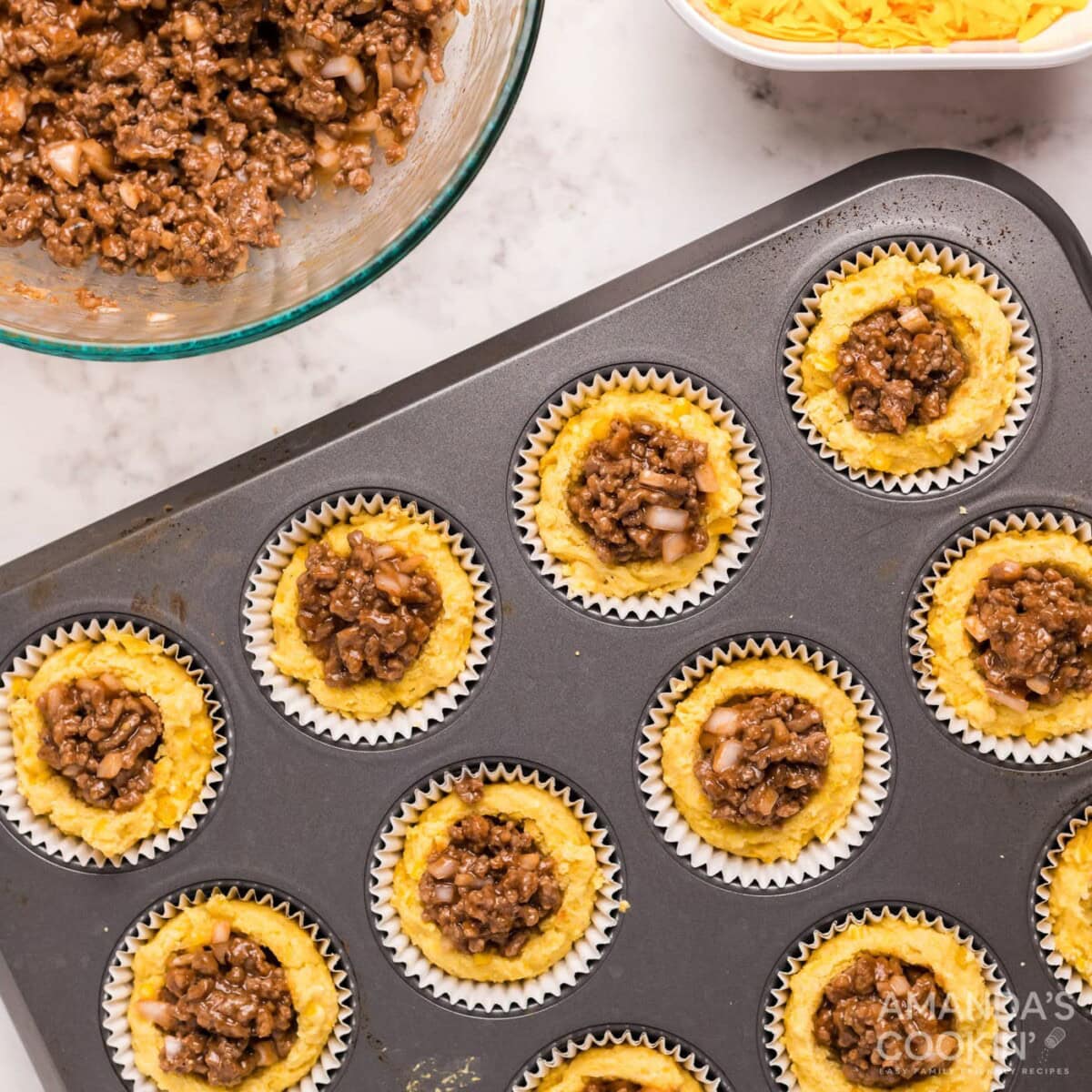 Sloppy joe mixture in a cornbread muffin
