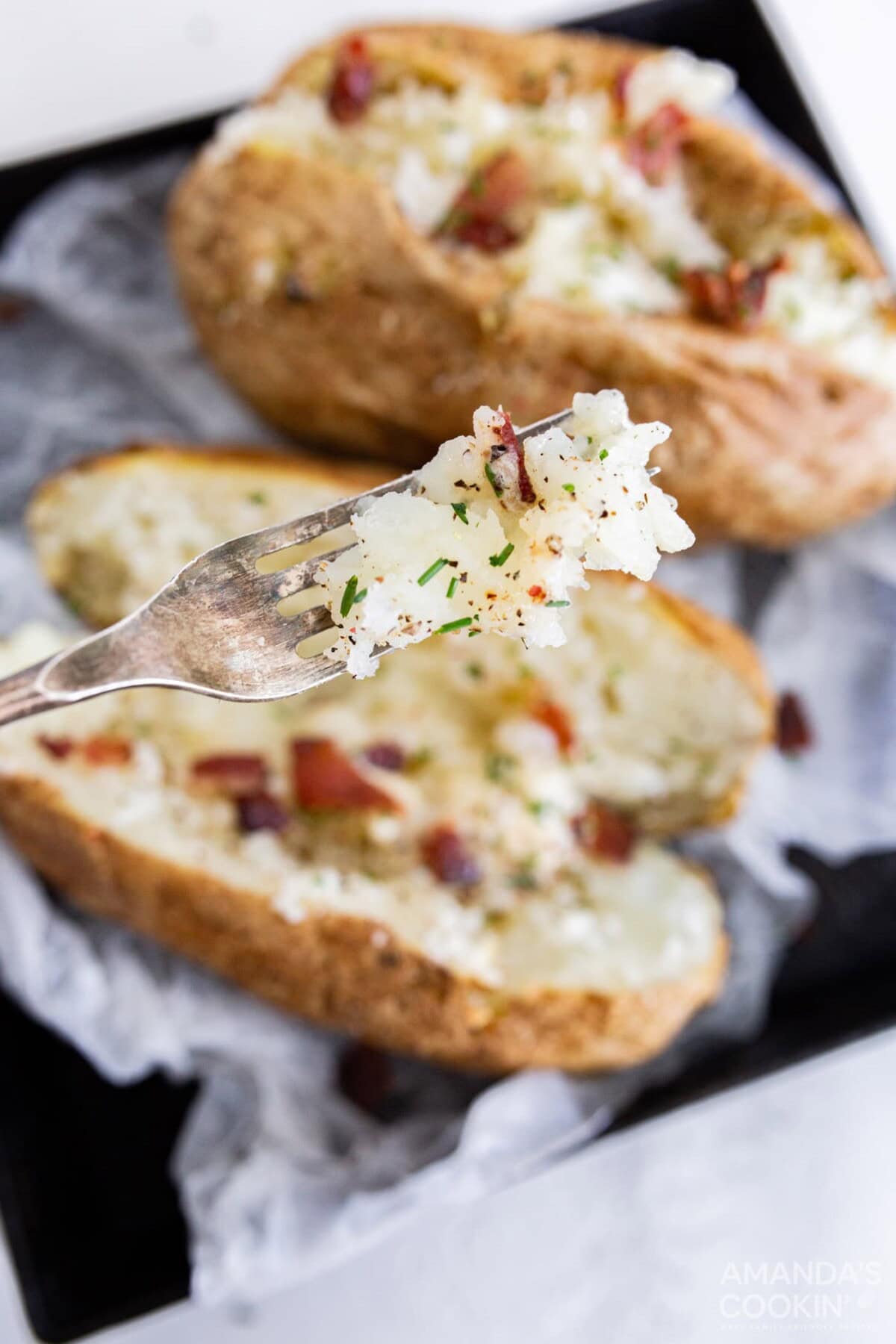 fork full of air fryer baked potato