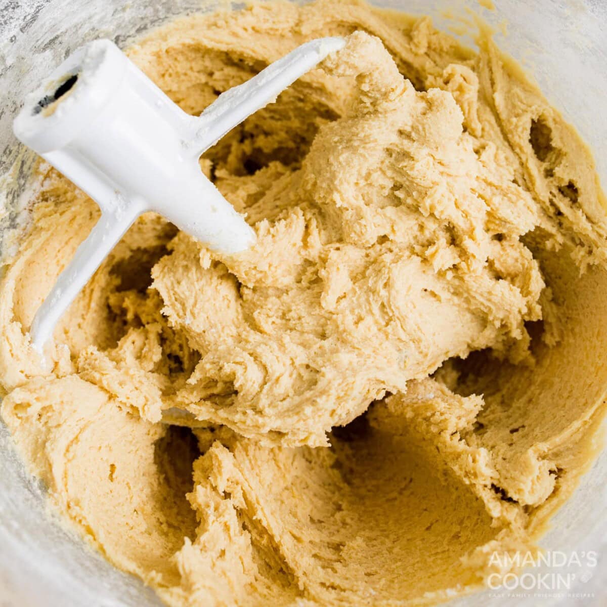 cookie dough in mixer bowl with paddle attachment