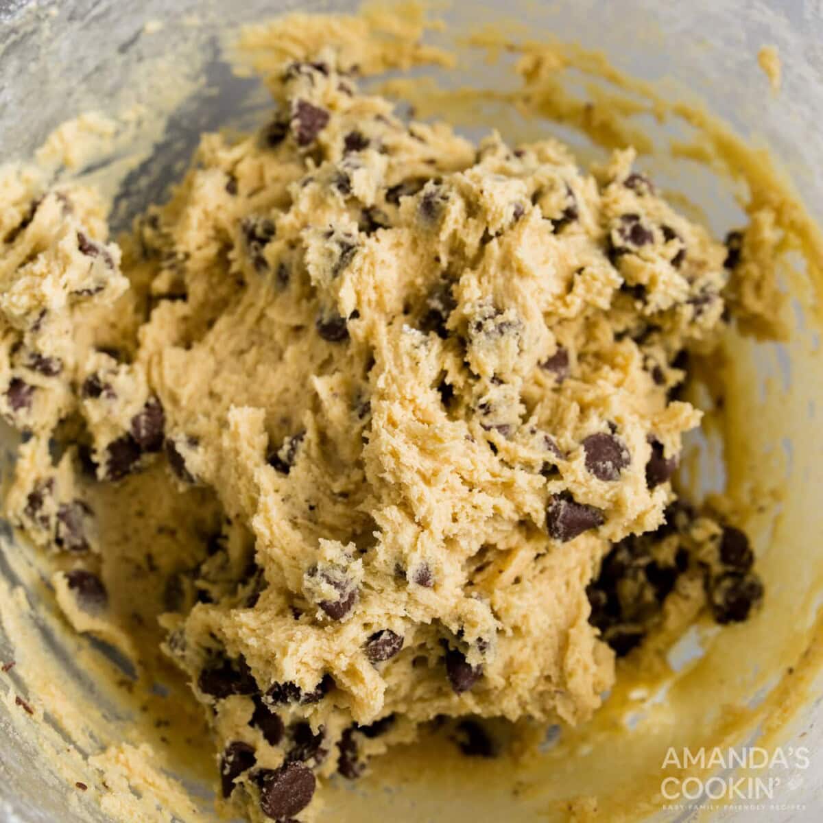 chocolate chip cookie dough in mixing bowl