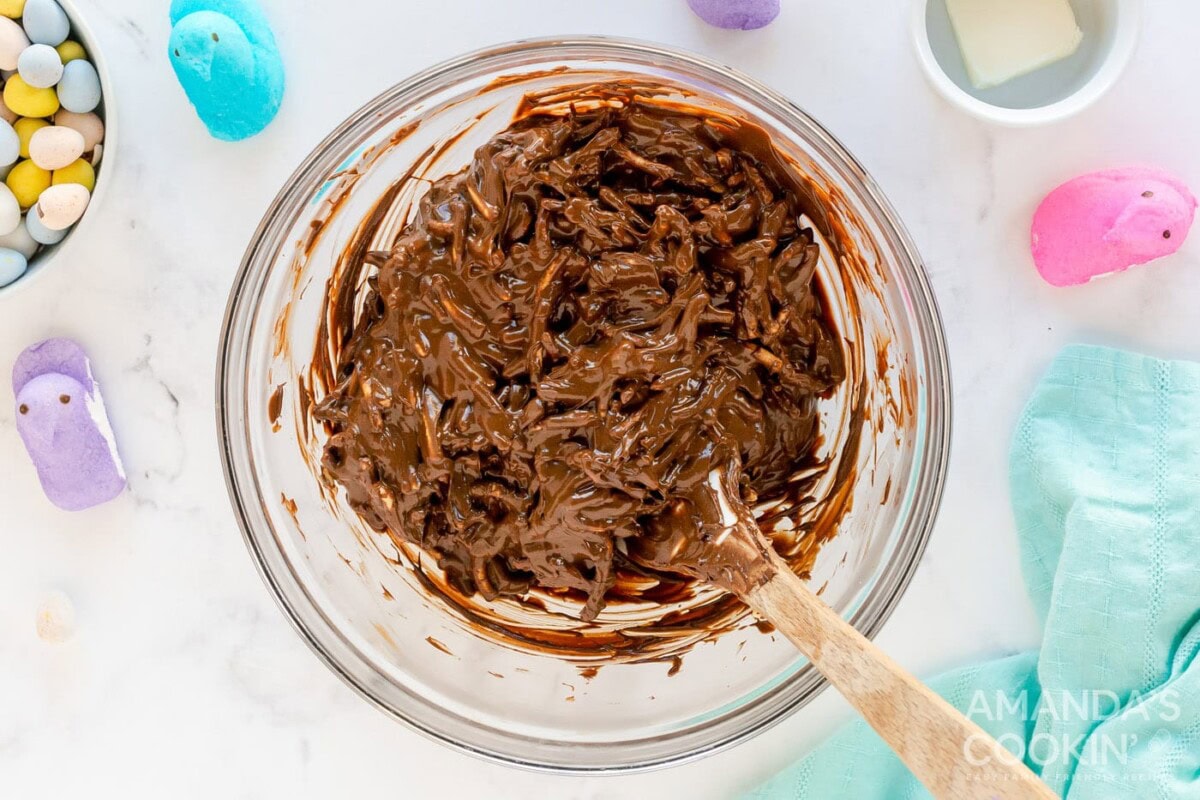 chow mein noodles mixed with chocolate and peanut butter in a bowl