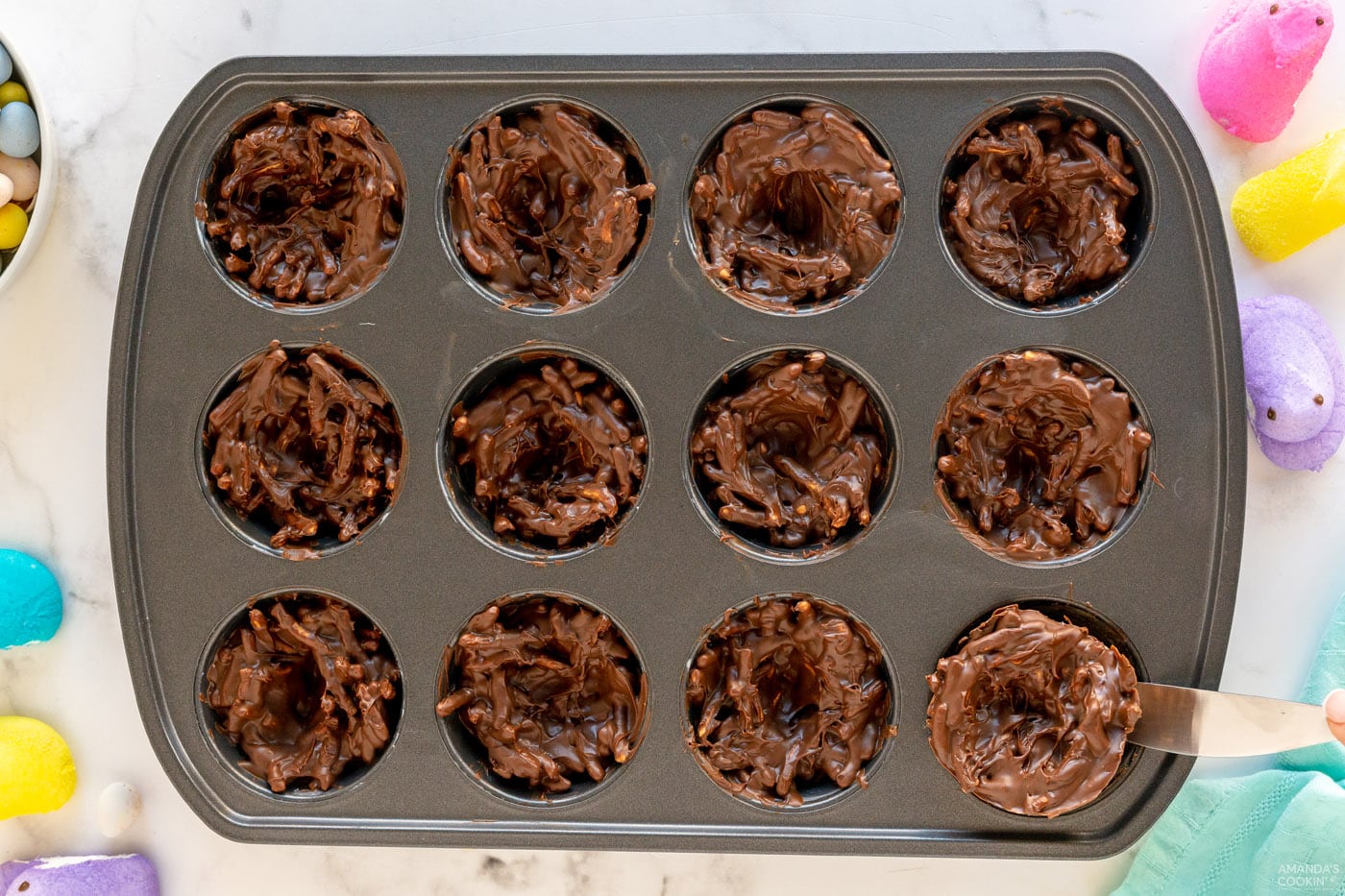 bird nest cookies in a muffin pan