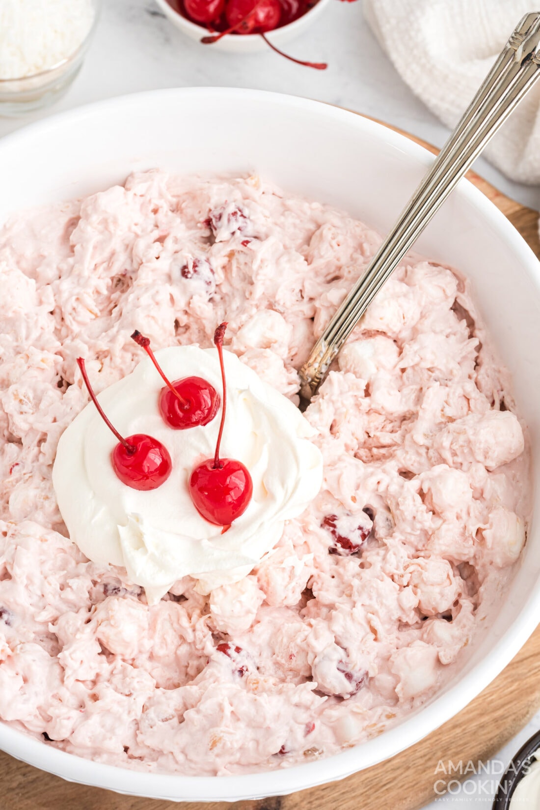 cherry fluff dessert in a large bowl