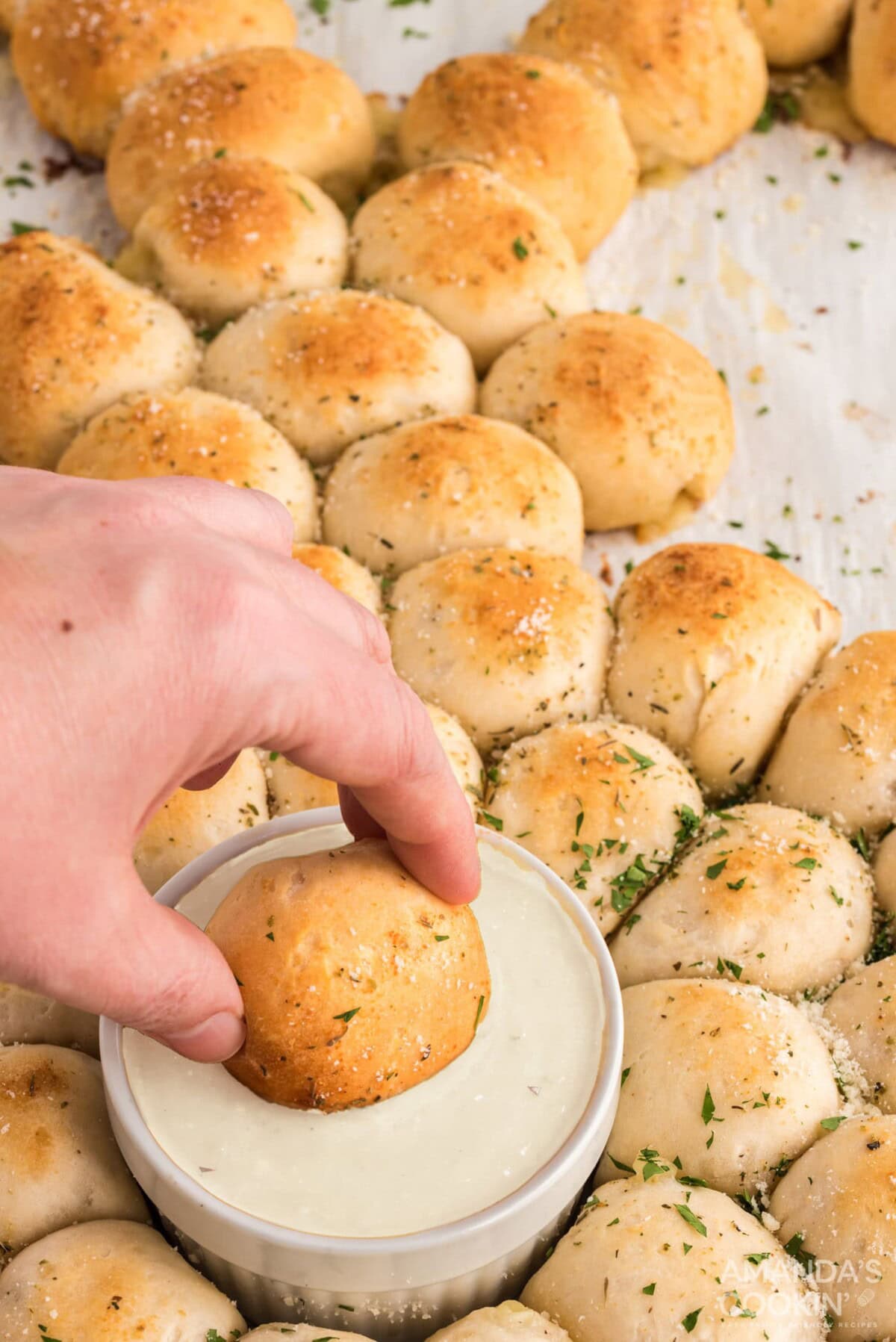 dipping bread in ranch