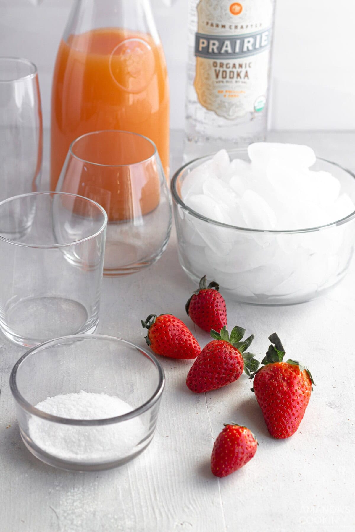 ingredients for Frozen Strawberry Salty Dog Cocktails