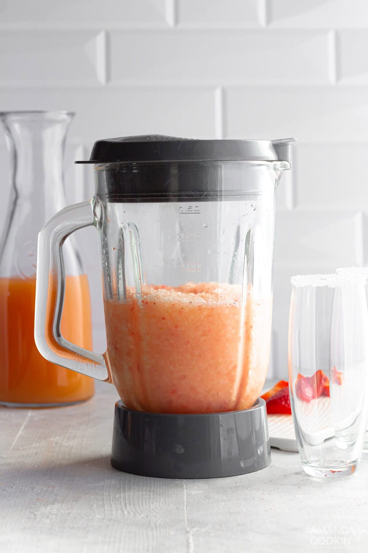 frozen strawberry salty dogs in a blender
