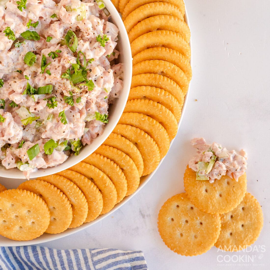 ham salad in a bowl surrounded by crackers