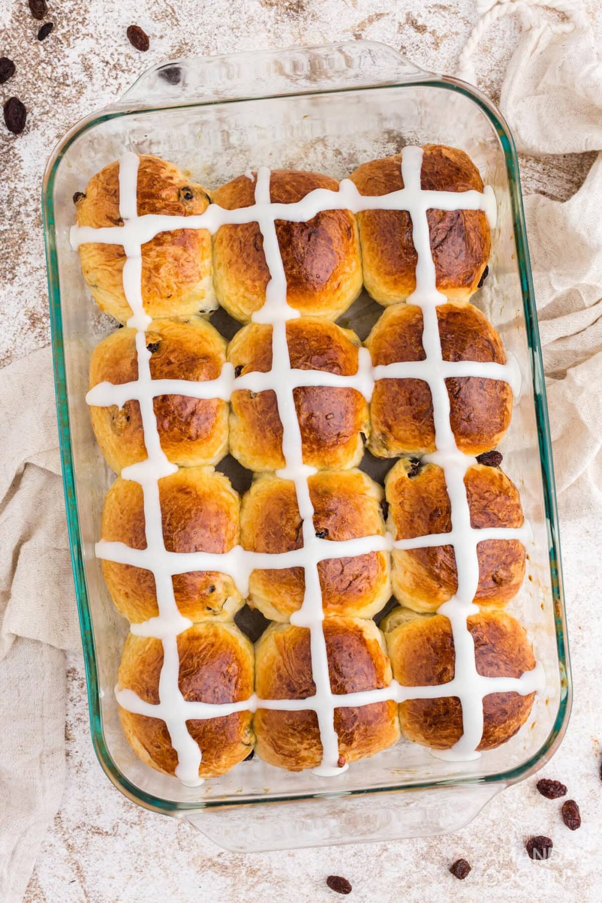 Hot Cross Buns in a glass pan