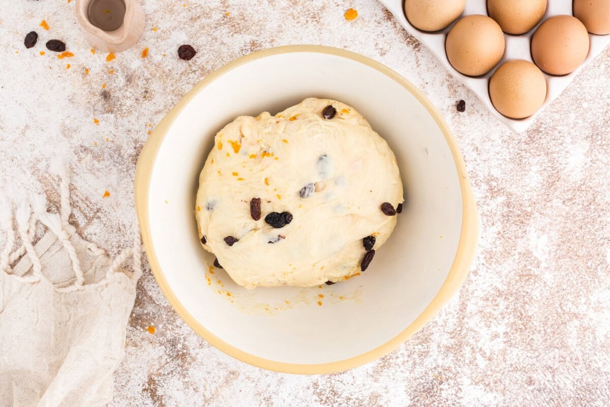 raisins and candied orange peels mixed in dough
