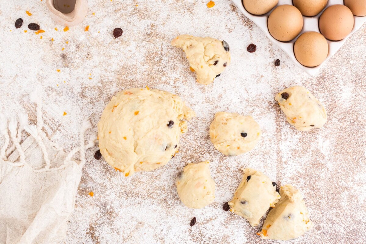 dough pieces on floured surface