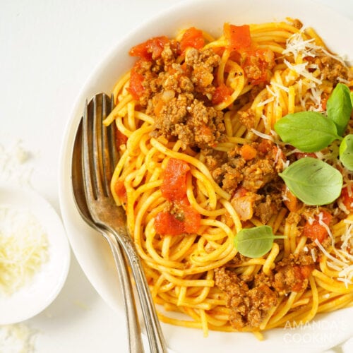 Instant Pot Spaghetti and Meat Sauce in a dish