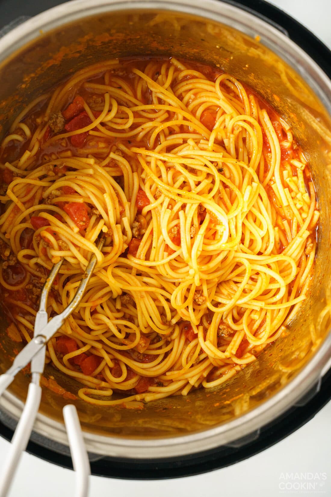 overhead photo of Instant Pot Spaghetti and Meat Sauce