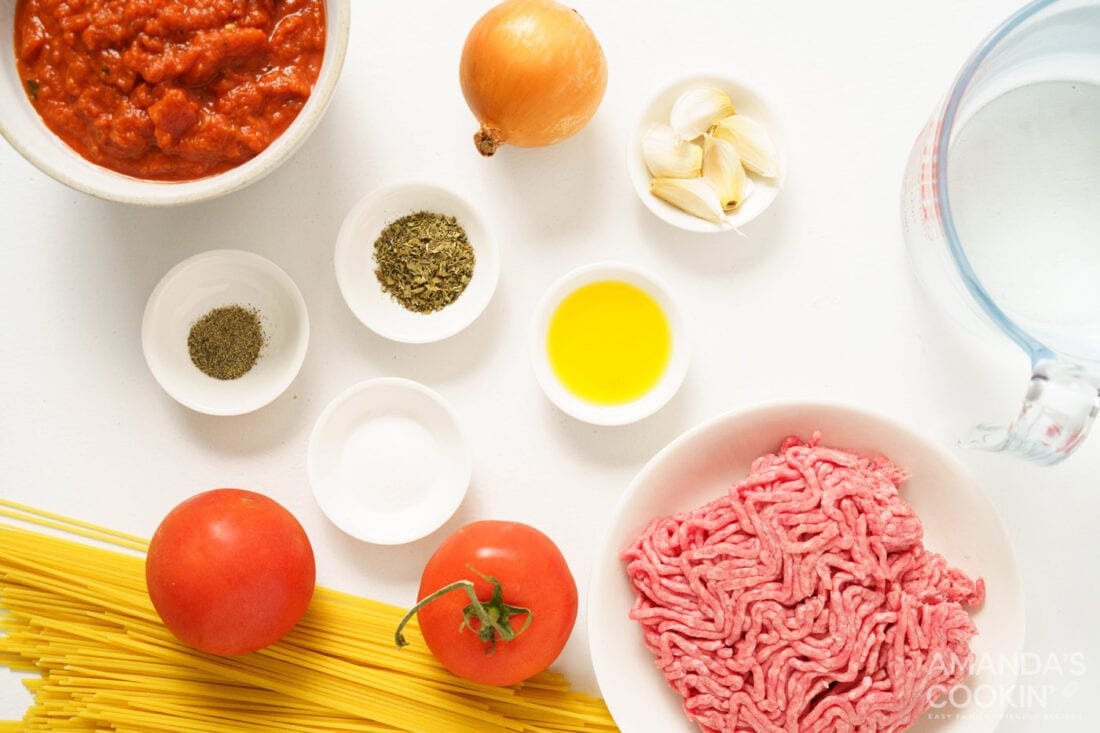 ingredients for Instant Pot Spaghetti and Meat Sauce