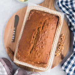 overhead photo of banana bread in pan