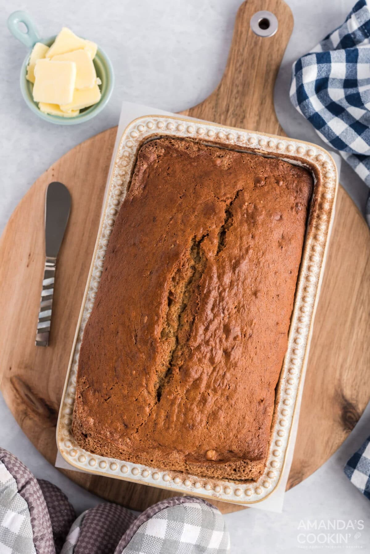 overhead photo of banana bread in pan