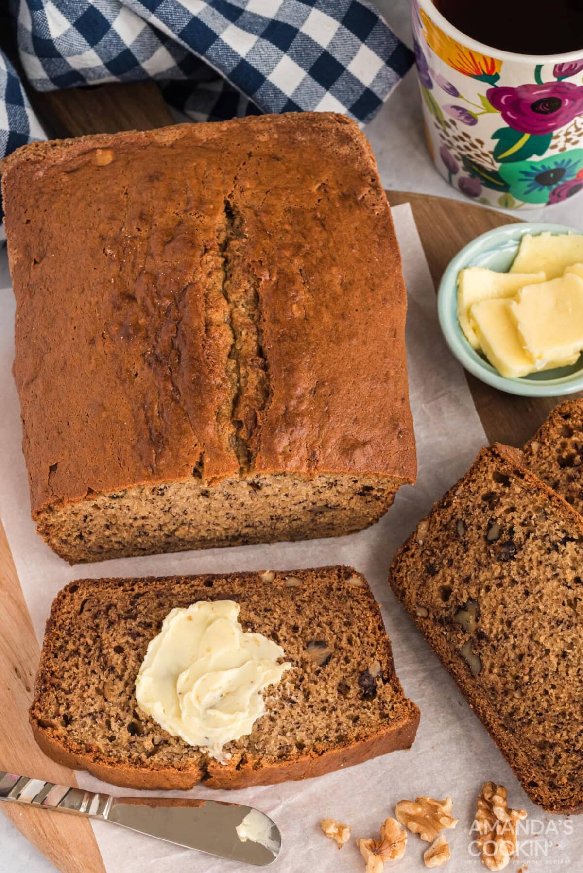 overhead view of sliced banana bread