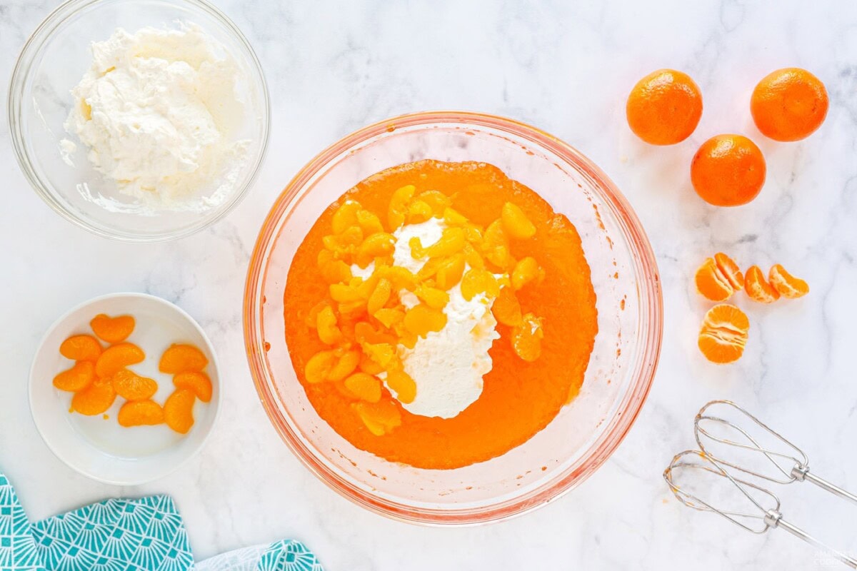 all ingredients for mandarin orange mousse in a mixing bowl