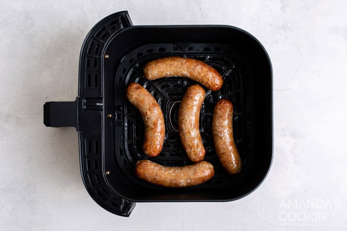 cooked bratwurst in an air fryer