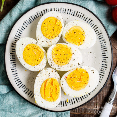 halved air fryer hard boiled eggs on a plate