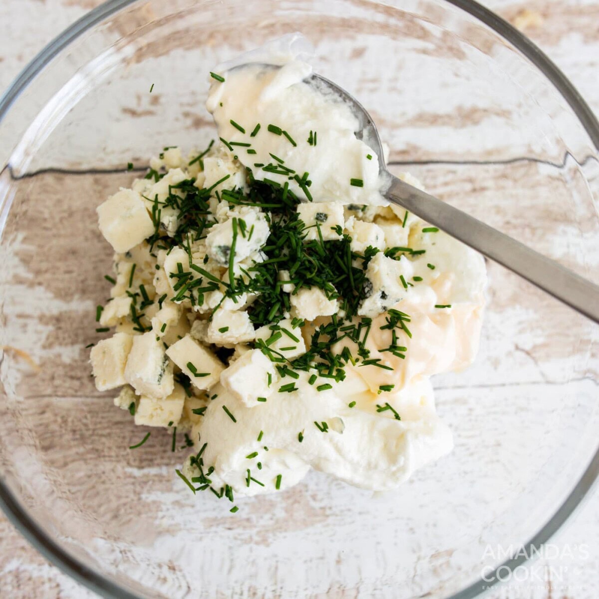 mixing ingredients for gorgonzola dipping sauce