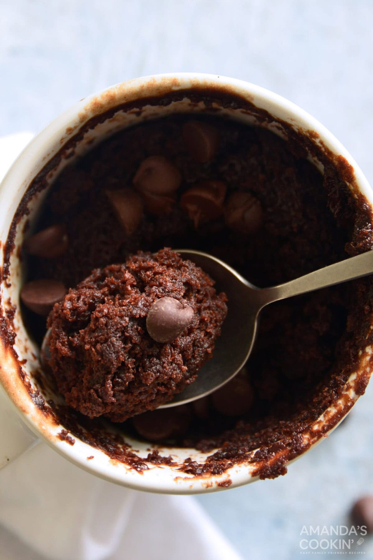 overhead view of chocolate mug cake