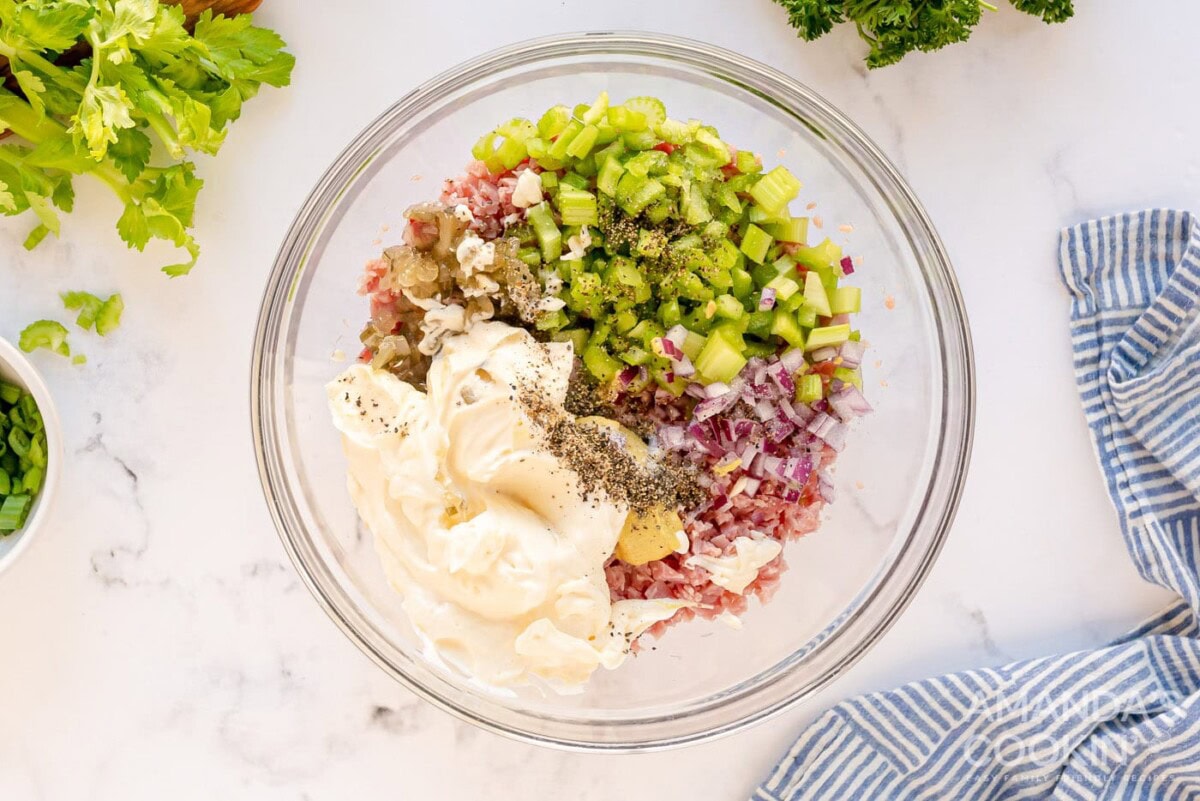 Ham Salad ingredients in a bowl