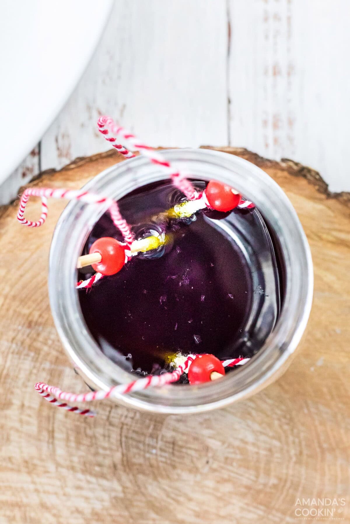 overhead view of jar with skewers