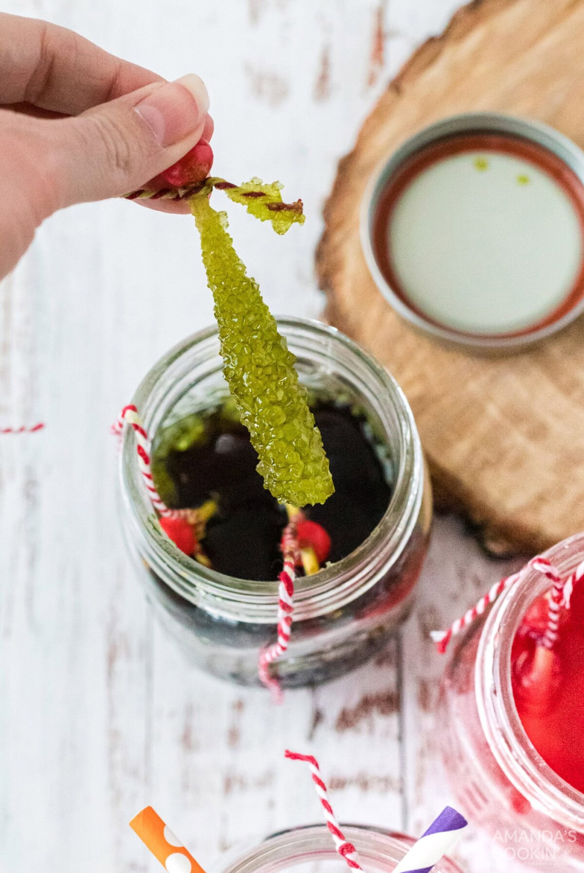 rock candy coming out of jar