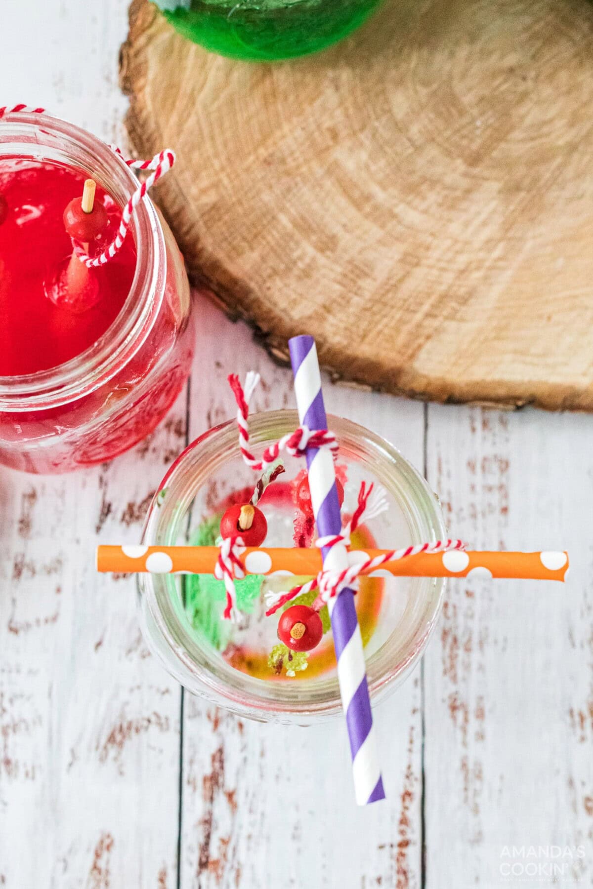 overhead view of hanging rock candy in a jar
