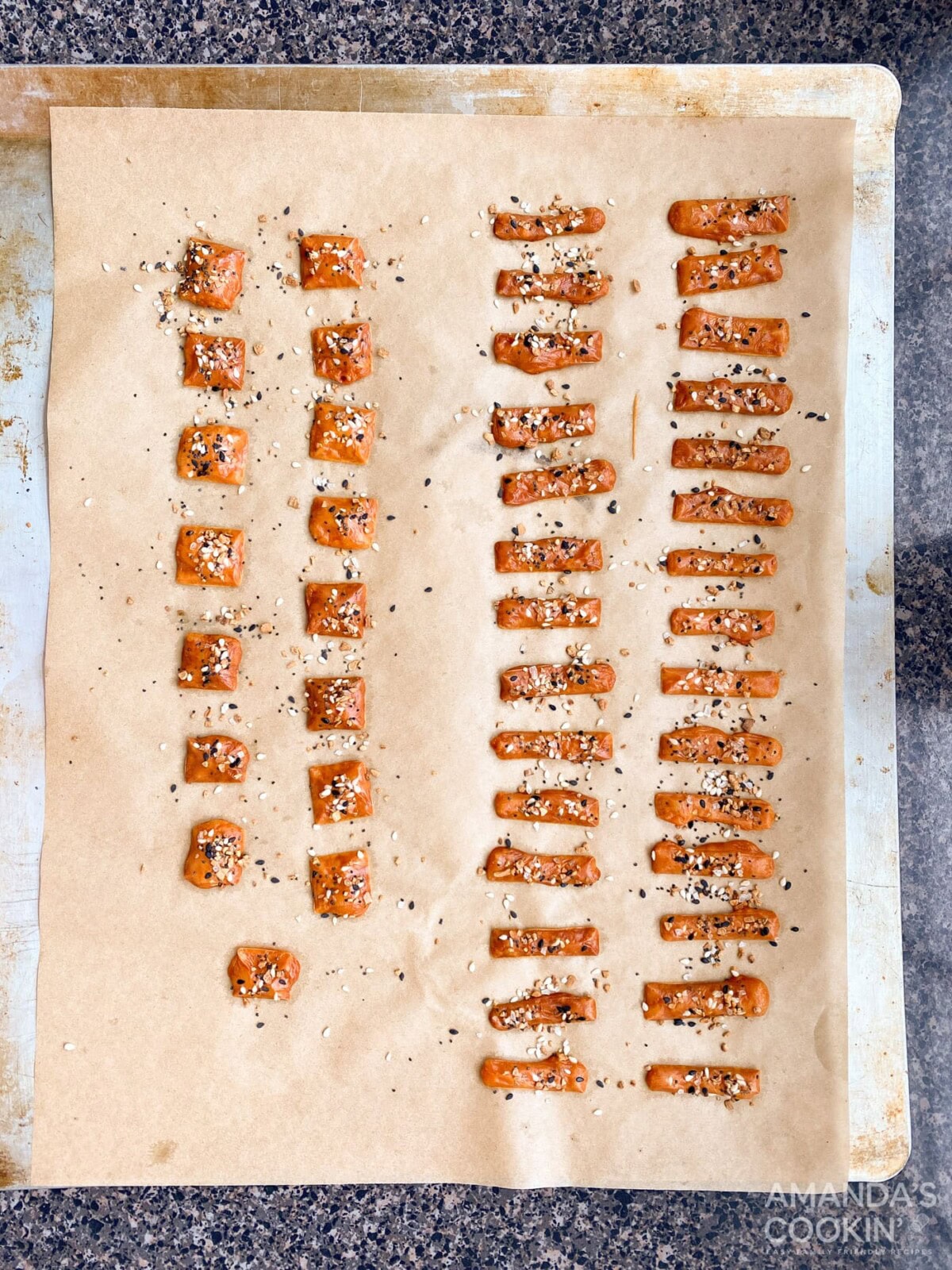 baked cheese squares on baking sheet