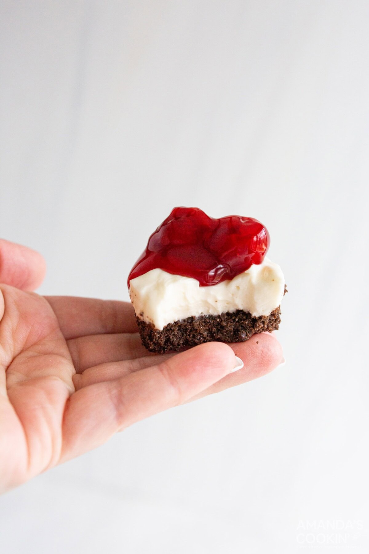 holding a mini cheesecake with a bite out of it