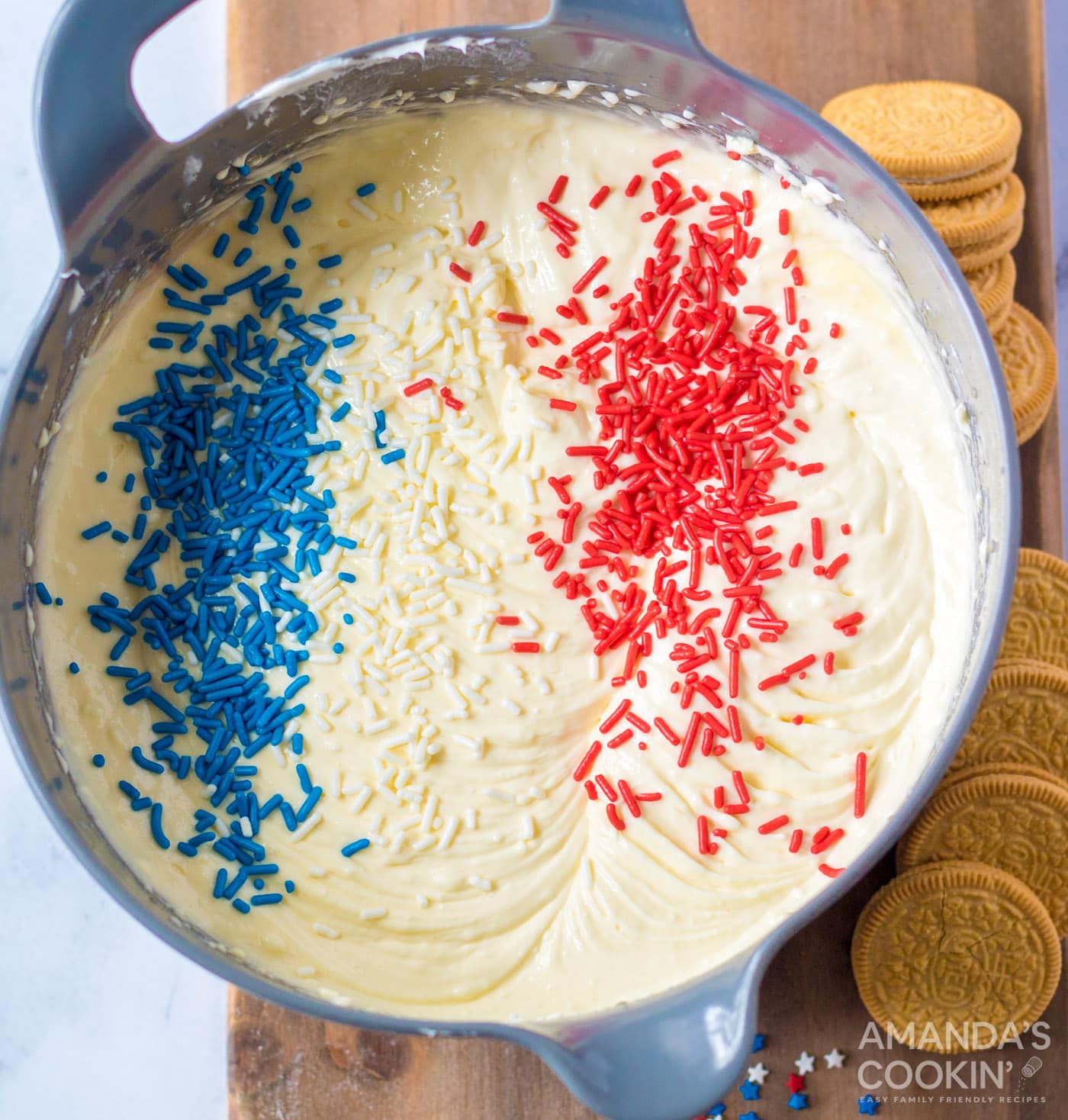 red white and blue sprinkles on cheesecake batter