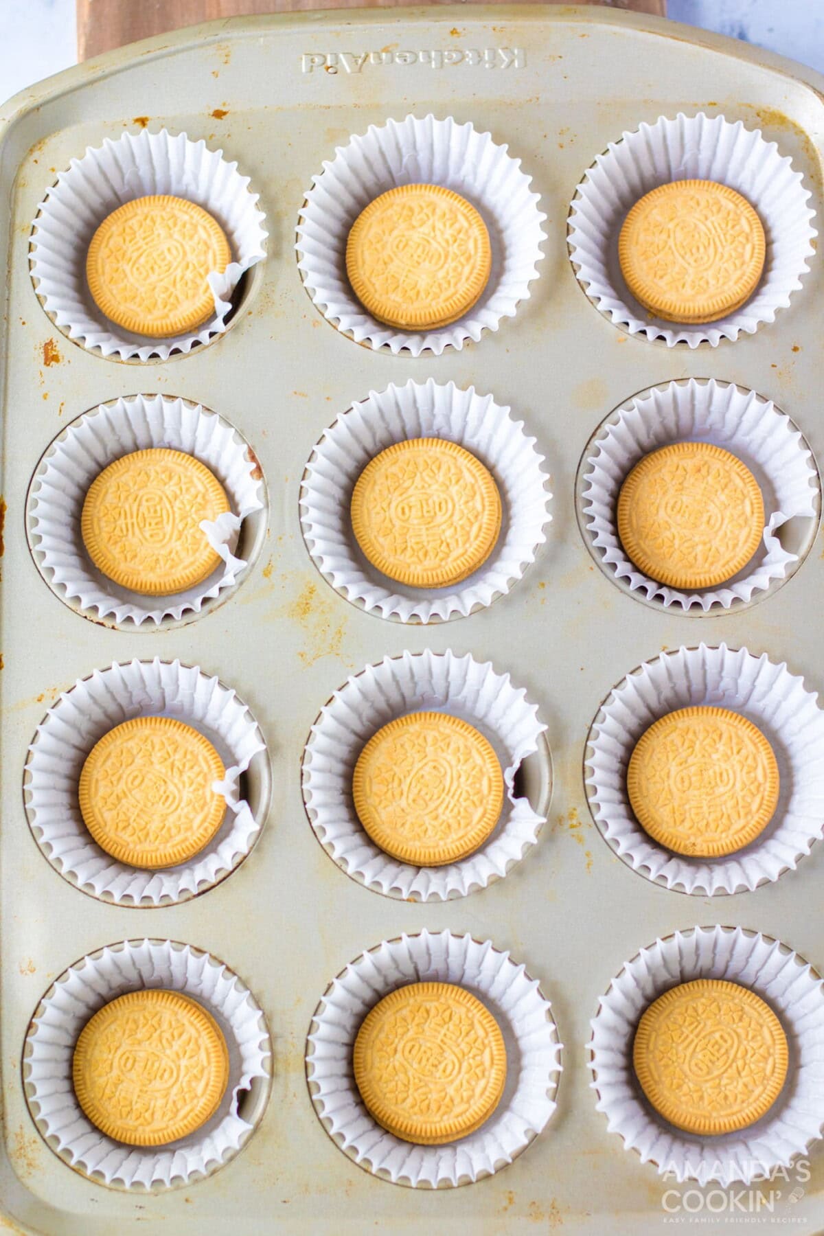 golden Oreos in a mini muffin tin