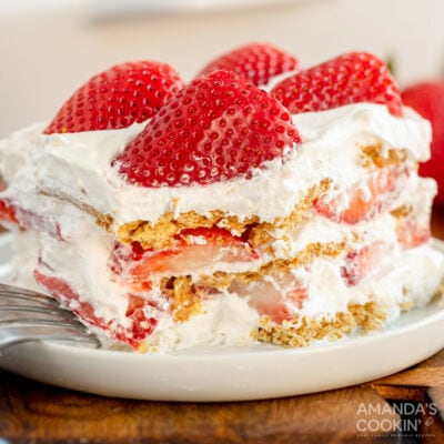 strawberry icebox cake with bite out of it