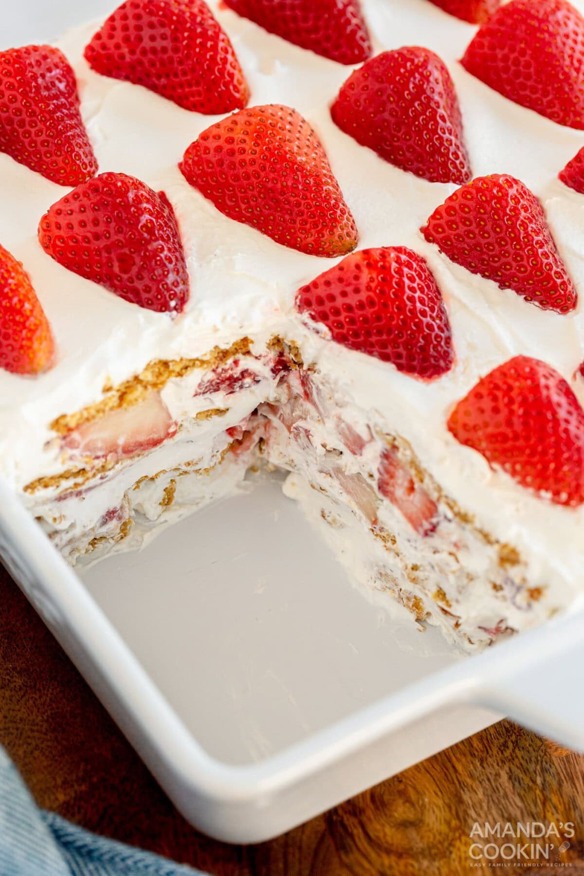 strawberry icebox cake with slice removed