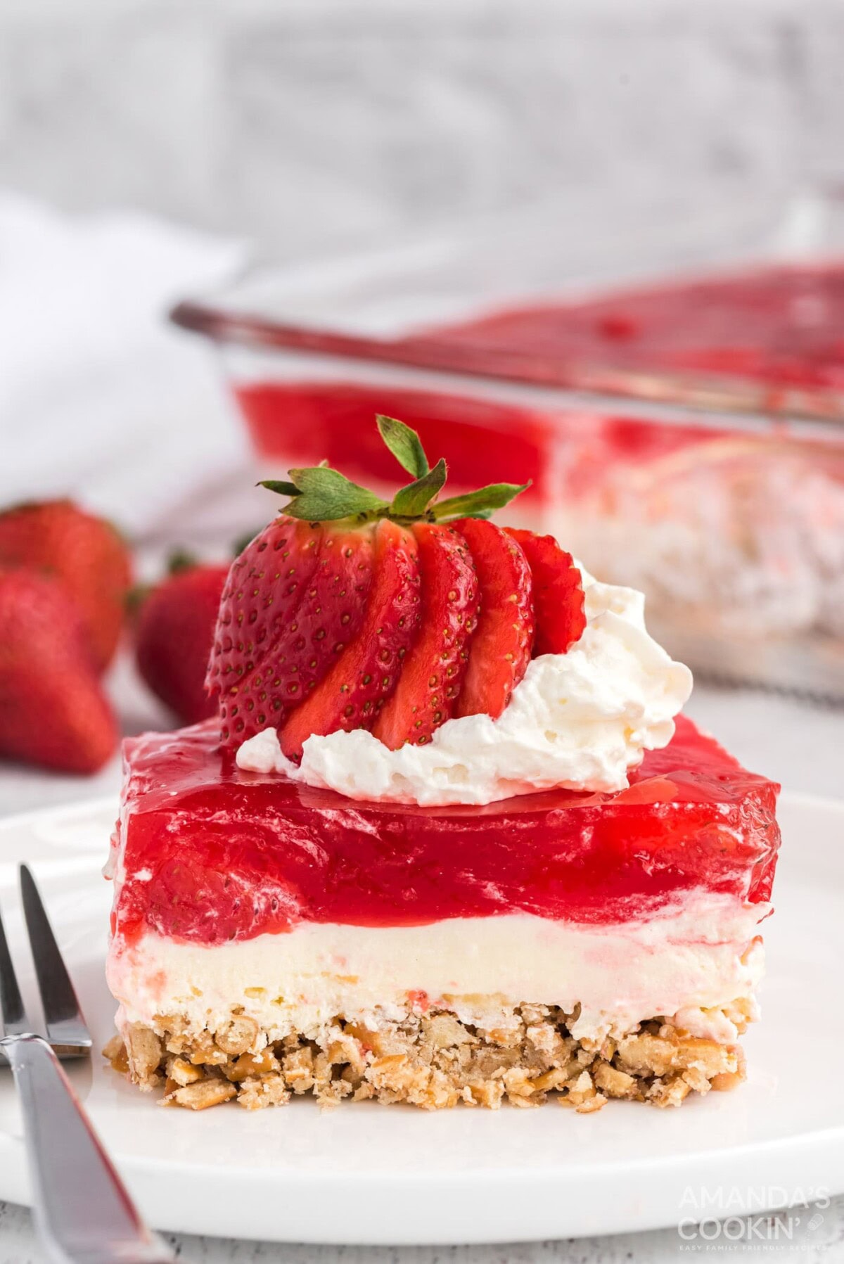 slice of strawberry jello pretzel salad