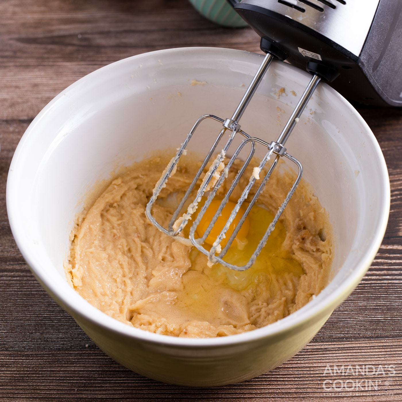 butter, brown sugar, and granulated sugar in a mixing bowl with beater attachment