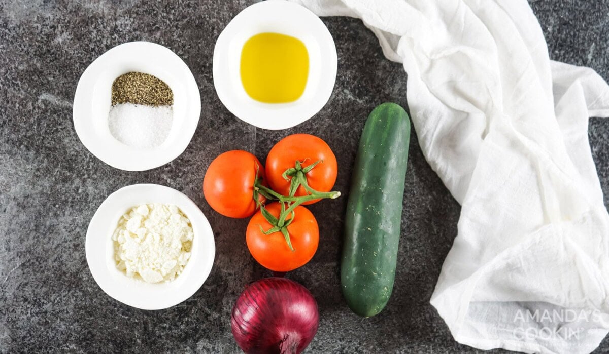 ingredients for Tomato Cucumber Salad with Feta