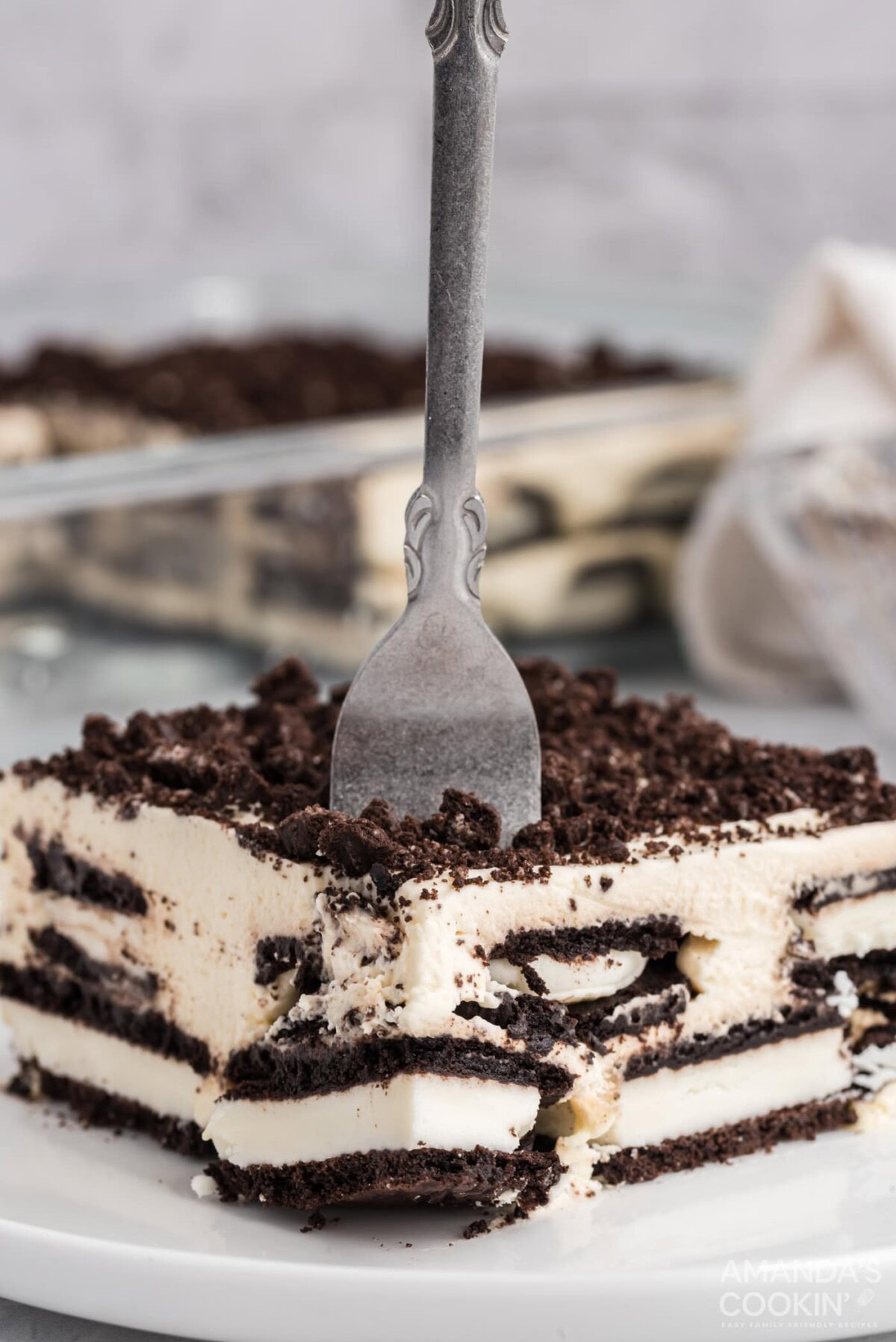 fork poked into Oreo Icebox Cake