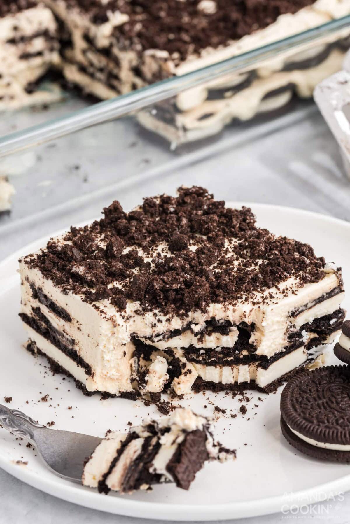 fork and Oreo Icebox Cake on a plate