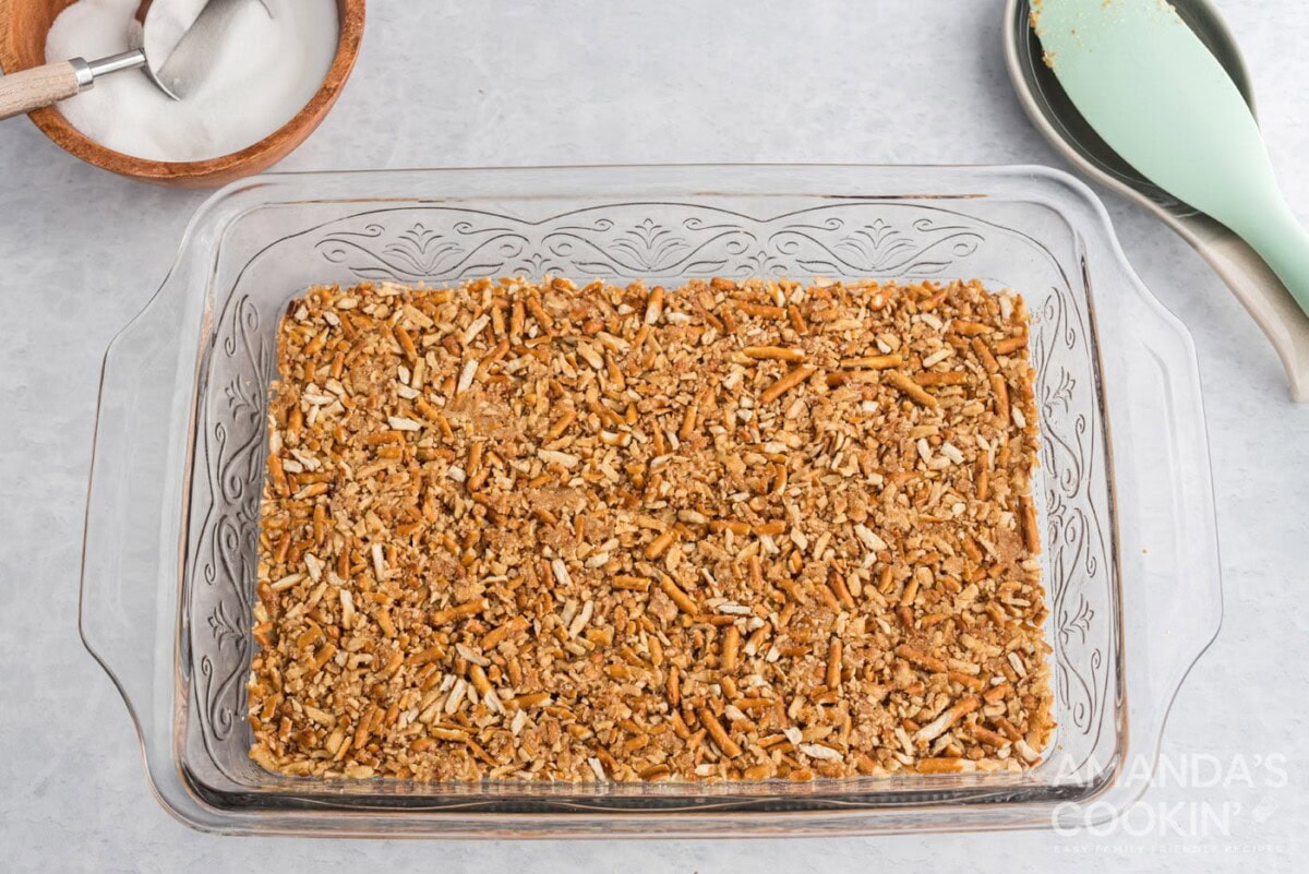 pretzel crust in a baking pan