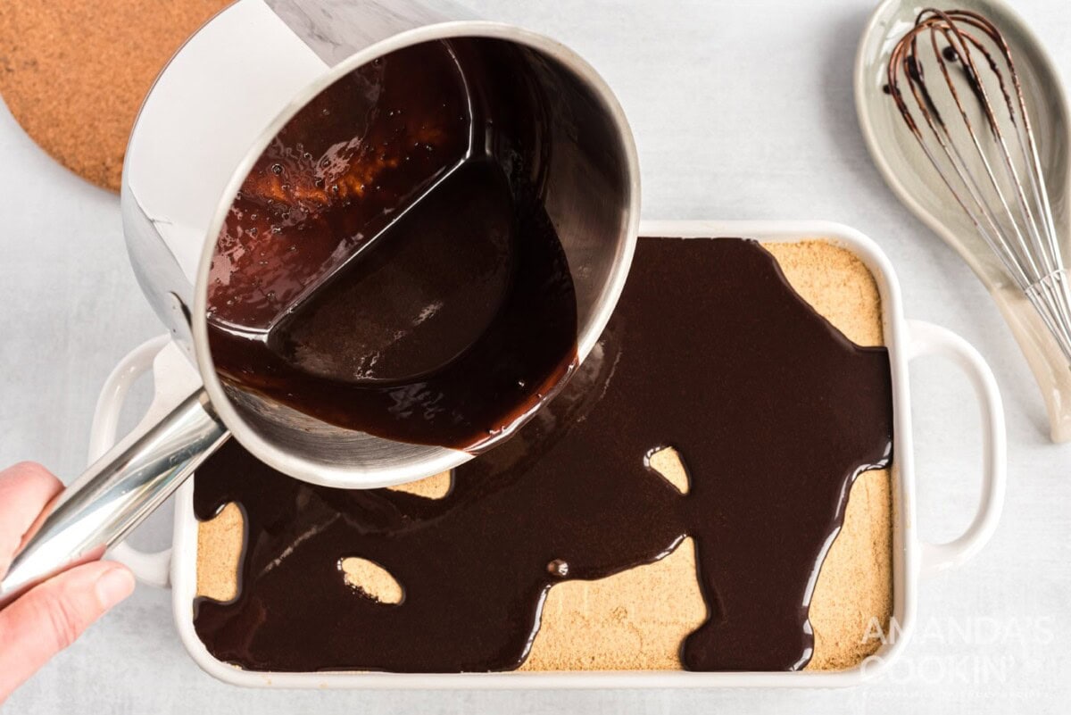 pouring chocolate ganache over the top of cake